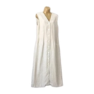 Vintage Linen Waistcoat Midi Dress 70s JAKE London Deep V Midi UK 12 14 Pockets - Picture 1 of 11