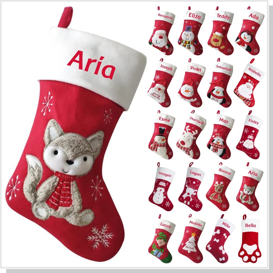 FOREVER CHRISTMAS Personalised XMAS STOCKING / Red White Stockings / Santa, Rudolf, Sacks Socks