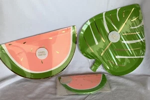 3 Pc Meri Meri Designer Watermelon Paper Plates Napkin Set + Monstera Plates  - Picture 1 of 5