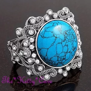 Vintage Victorian Scroll Turquoise Stone Silver Bangle Cuff w/ Swarovski Crystal - Picture 1 of 9