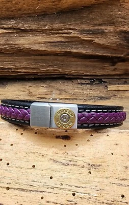 黑色和紫色编织皮革子弹手链带 9、38、40 或 357 子弹。 — 第 1/4 张图片