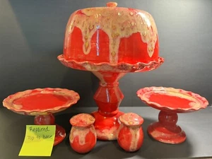 Vintage Glazed Ceramic Pottery Cake Stand Set. 6pc. Red W/Gold? Marbled Drip - Picture 1 of 24