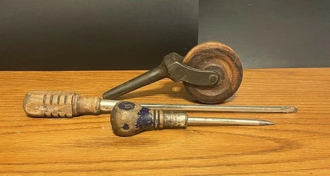 ANTIQUE LOT WOODEN WHEEL WOOD STEEL CASTER BUFFALO WOODEN SCREWDRIVER AWL PUNCH Cover