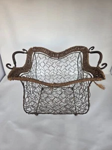Antique Metal Wire Basket Twisted Jute Handles Rustic Storage Farmhouse Decor - Picture 1 of 3