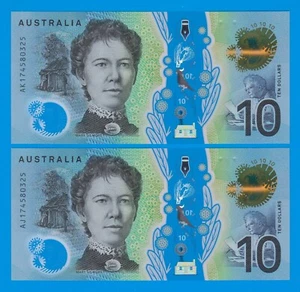 Australia 2 x 10 Dólares 2 Billetes MISMO NÚMERO DE SERIE (174580325) P 63a 2017 UNC - Imagen 1 de 2