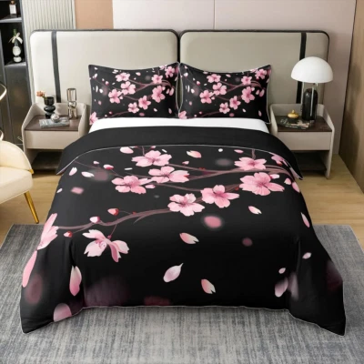 Cherry Blossoms Duvet Cover 100% Cotton Queen Size Japanese Style Bedding Cotton — 第 1/4 张图片