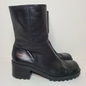 Vtg Tommy Hilfiger Black Leather Side Zip Chunky Block Heel Boots Women Size 8.5