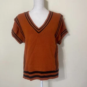 Striped Trim V-Neck Sweater Vest for Women Short Sleeve Brown Rust Medium - Picture 1 of 11
