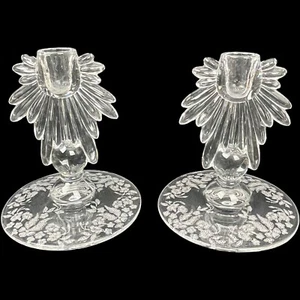 Florentine New Martinsville Candlesticks Etched Flame Elegant Depression Glass - Picture 1 of 10