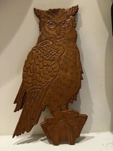 1997 Hand Carved Wooden Owl Lanquist Folk Art Ornate Effigy Plaque Decor Accent - Picture 1 of 12
