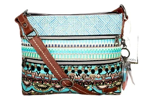 SAKROOTS Basic Triple Zip Printed Crossbody Aqua One World Blue Multi 107214 - Picture 1 of 9
