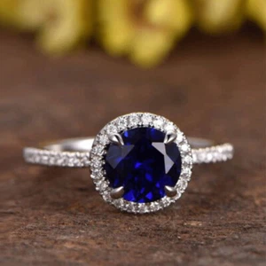 2.50 Ct Round Sapphire Blue Diamond Halo Engagement Ring 14K White Gold Finish - Picture 1 of 7