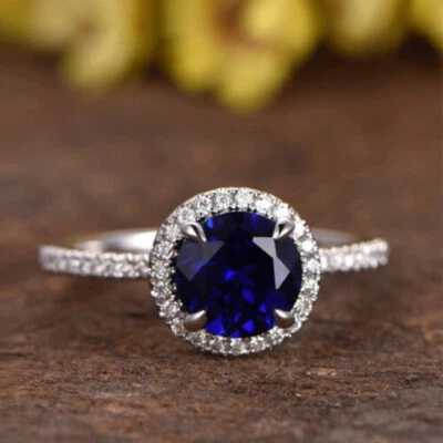 2.50 Ct Round Sapphire Blue Diamond Halo Engagement Ring 14K White Gold Finish - Image 1 of 4