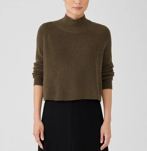 Eileen Fisher Size Medium Merino Wool Cropped Turtleneck Olive Drab Green - Picture 1 of 6