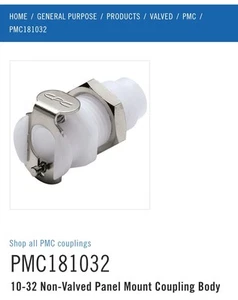 PMC181032Click to copy10-32 Non-Valved Panel Mount Coupling Body 250 pcs - Picture 1 of 5