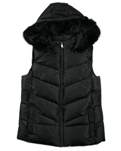 Guess Womens Puffer Vest L Hooded Quilted Insulated Faux Fur Trim Black $99 NEW - Picture 1 of 5