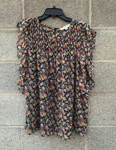 Loft Black Floral Blouse Mixed Media Smocked Neck Flutter Sleeve Women’s Size XL - Picture 1 of 8
