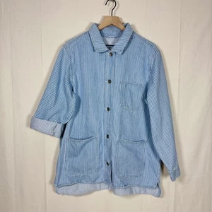 Old Navy Railroad Stripe Jean Workwear Shacket Jacket Women L Blue White Cotton - Picture 1 of 8