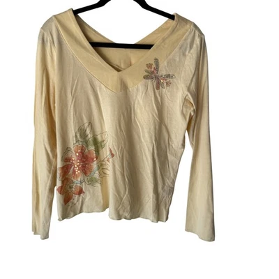 Camisa Pullover Jill Lentejuelas Mediana Pequeña Amarilla Floral Libélula Mariposa Top Foto 1 de 4
