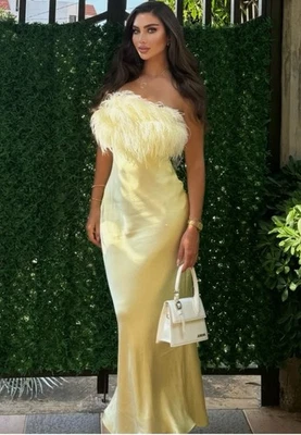 ZARA Maxikleid gelb Feder Satin trägerlos Größe L 2168/002 Blogger Favorit - Bild 1 von 4