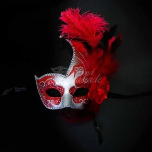 Silver/Red Feather Swan Masquerade Mask Ball Mask Mardi Gras Mask Women Mask  - Picture 1 of 4
