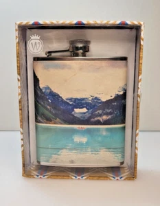 New in Original Box Hip Flask Mountain Lake Scene Stainless Steel 7 oz - Picture 1 of 3