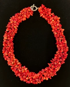 Vintage Sterling Silver Red Coral Chips Woven Wide Collar Necklace - Picture 1 of 6