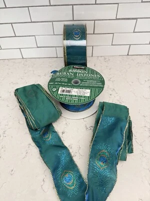 Peacock Feather Green Blue Iridescent Sparkle Wide Wired Ribbon 50 yd bow Lot - Image 1 of 4