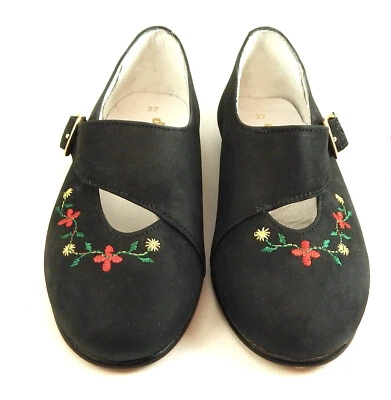 DE OSU -Spain -Girls Black Leather Dress Shoes -Flowers -European 26 -Size 9 - Image 1 of 4