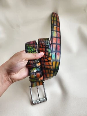 Pátina Multicolor Genuino,Real EXÓTICO Cuero Piel Hombres Hombres Cinturones Hebilla Foto 1 de 4