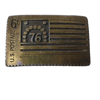 Bennington 1777 Flag US Postage Stamp Brass Belt Buckle '76 Bicentennial VTG - Image 1 of 4