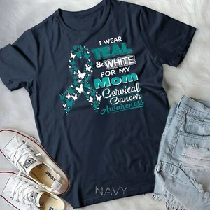 T-shirt CERVICAL CANCER I Wear Teal White For My Mom unisex giovane - Foto 1 di 11