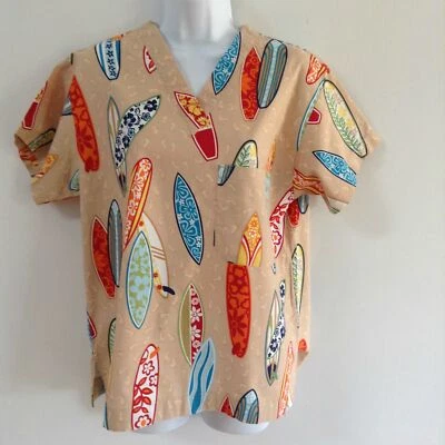 Peaches Scrub Top Women's Size Small Surfboards Medical Shirt Nurse - Image 1 of 4