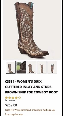 C3331- Bota de Vaquero para Mujer Orix Brillante Incrustación y Tachuelas Marrón Punta Corta Nueva con Etiquetas Foto 1 de 4