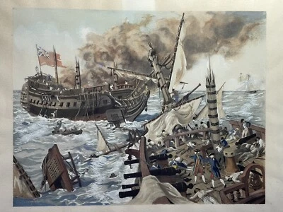 Gustave ALAUX ( D’après) Marine 1887-1965 Bataille Navale Gouache Au Pochoir - Photo 1/4