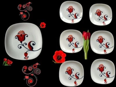 VTG 70s Block Langenthal Transition Bread Plates 6 piece Red Floral Pop Art - Image 1 of 4