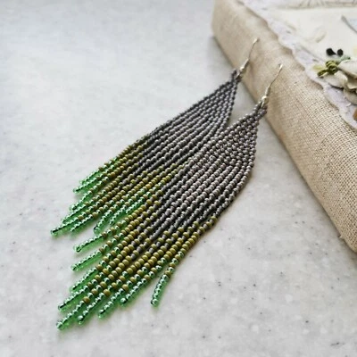 Gray and green seed bead earrings Long beaded fringe chandelier handmade earring - image 1 of 4