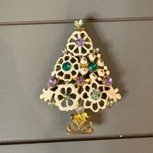 Broche de árbol de Navidad vintage con joyas - prendedor de vacaciones tono dorado - Imagen 1 de 4