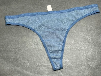 VICTORIAS SECRET ALGODÓN FIRMA LOGO RIBETE TANGA PANTY AZUL POLVO DE ESTRELLAS BRILLO Foto 1 de 4