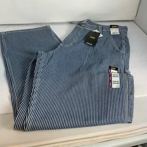 Pantaloni da falegname vintage Lee made in USA blu bianchi a righe ferroviari denim taglia 34 L x 32 - Foto 1 di 4