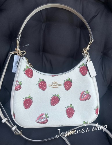 Borsa Coach Teri Hobo nuova con etichetta con stampa fragola oro gesso multi CAL67