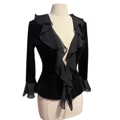 Blusa XSCAPE by Joanna Chen Negra Terciopelo y Gasa Volantes Frontal Talla Pequeña Foto 1 de 4