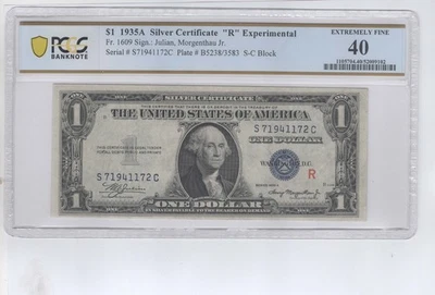 1935 A SILVER CERTIFICATE $1.00 RED "R" EXPERIMENTAL NOTE. PCGS XF 40. LOOK!! - Image 1 of 4