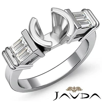 Diamond 3 Stone Engagement Bezel Ring Baguette Round Mount 14k White Gold 0.4Ct - Image 1 of 4