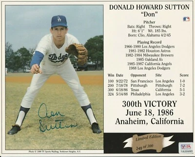 DON SUTTON SIGNED 8X10 PHOTO FILE 300 VICTORY STATS LIMITED EDITION 249 300 PSA - Image 1 of 4