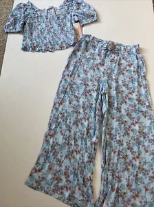Kensie Girl Sz 12 Blue Floral 2 Pc Smocked Crop Top Wide Leg Pants Set Outfit - Picture 1 of 12