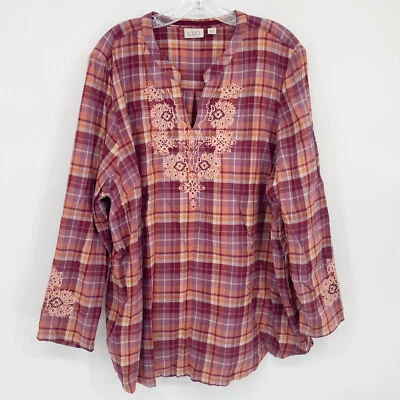 Logo Lori Goldstein 24W Aztec Plaid Embroidered Floral Boho Top Pockets Popover - Image 1 of 4