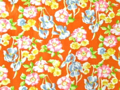 BTHY VTG 70'S MOD BOHO BRIGHT ORANGE W YELLOW PINK FLOWERS HEAVY COTTON FABRIC - Image 1 of 2