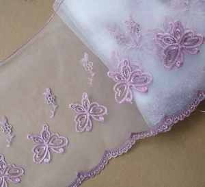 4 Yards 9" Wide White Organza Lace with Embroidered Pink/Silver Butterfly eh0242 - Picture 1 of 2