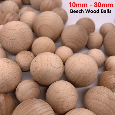 10mm - 80mm Natural Beech Wooden Craft Balls Wood Solid Round Ball Spheres DIY • 2.95$